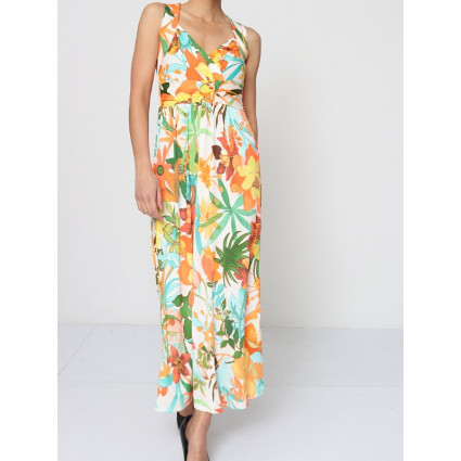 Robe longue blanche motif fleurs tropicales orange et turquoise