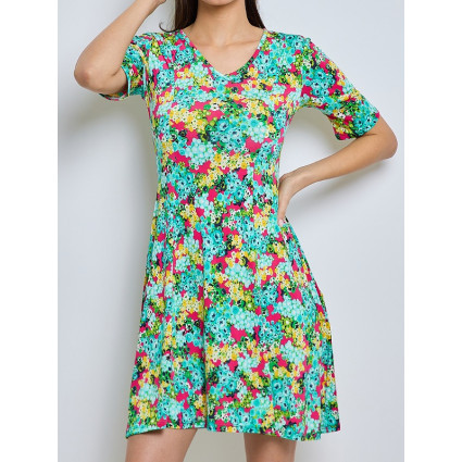 Robe évasée bleu turquoise motif fleurs rose jaune vert