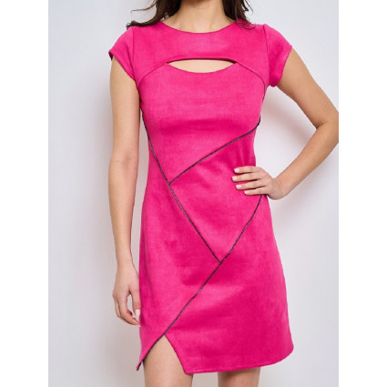 Robe façon suédine rose fushia finitions coutures patchwork