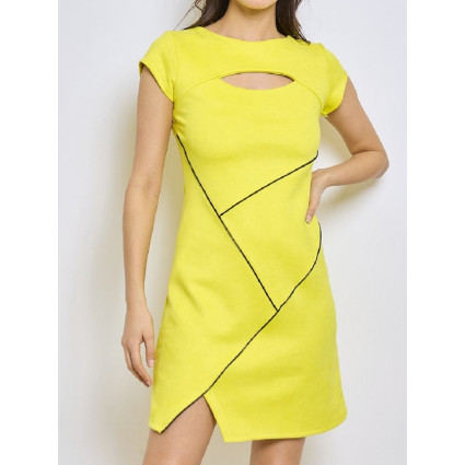 Robe façon suédine jaune finitions coutures patchwork